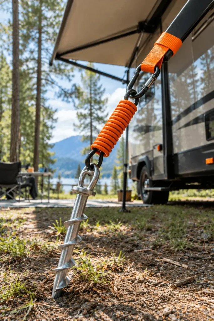 Heavy-duty screw peg and bungee tension strap securing an RV awning to the ground.