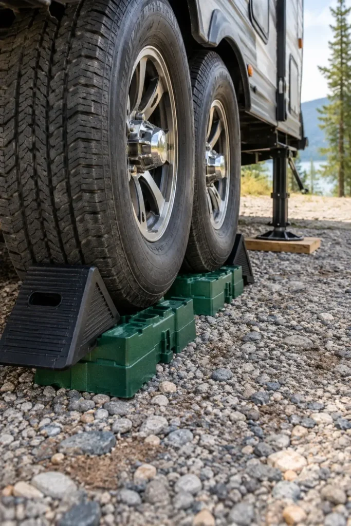 Camper trailer dual tires parked on stacked leveling blocks with heavy duty wheel chocks.
