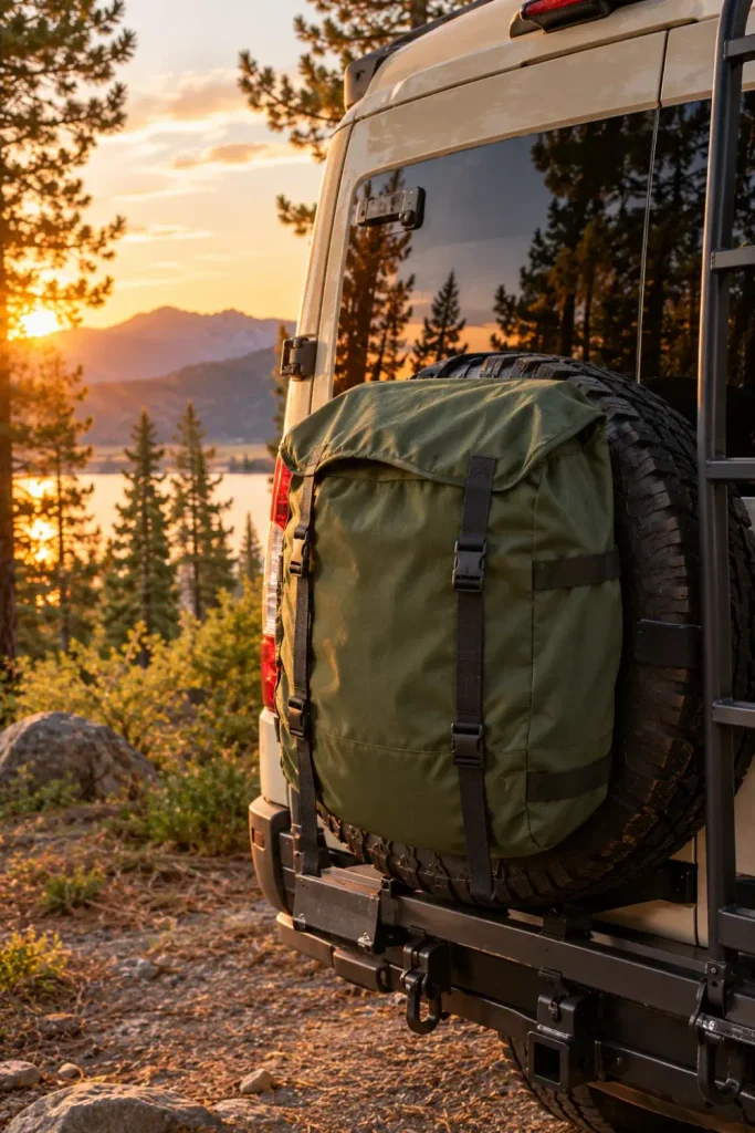 Heavy-duty canvas trash pack strapped securely over an RV exterior spare tire at a campsite.