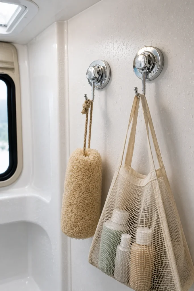 Heavy-duty suction hooks holding a loofah and shower caddy on a fiberglass RV wet bath wall.