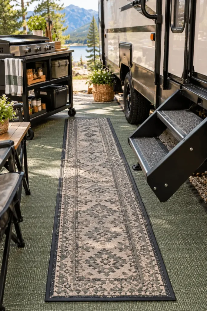 Washable runner rug layered over a main RV patio mat along the entry walkway.
