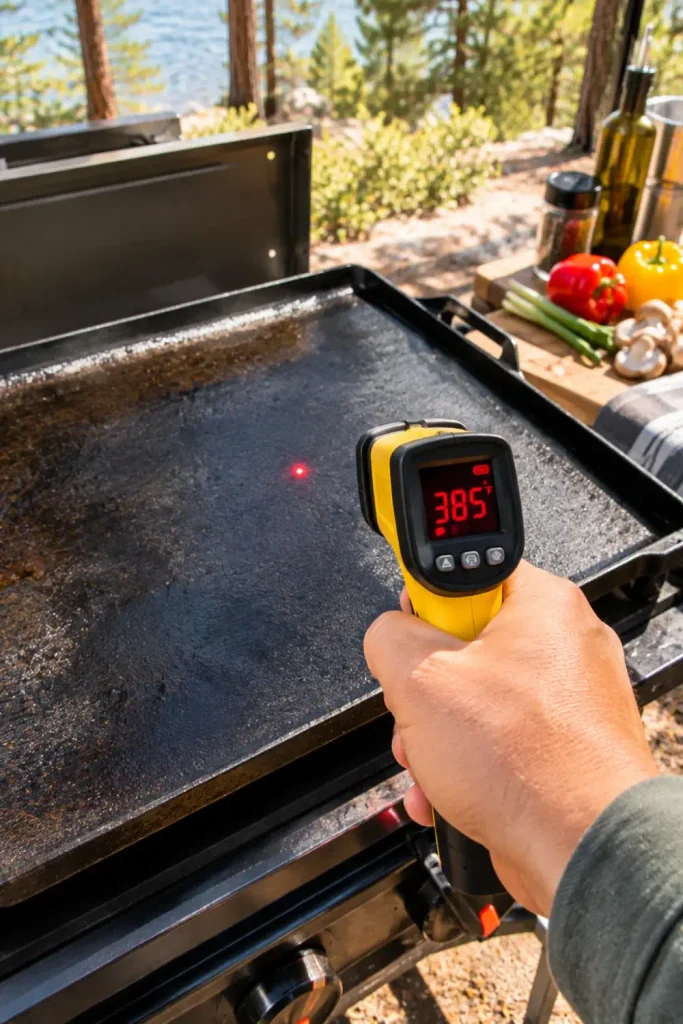 Hand holding an infrared thermometer gun checking the surface temperature of an outdoor RV griddle.