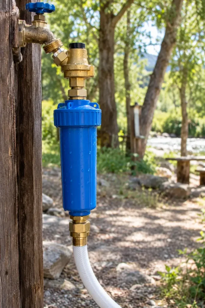 Blue inline RV carbon water filter attached to a freshwater hose and brass water regulator.