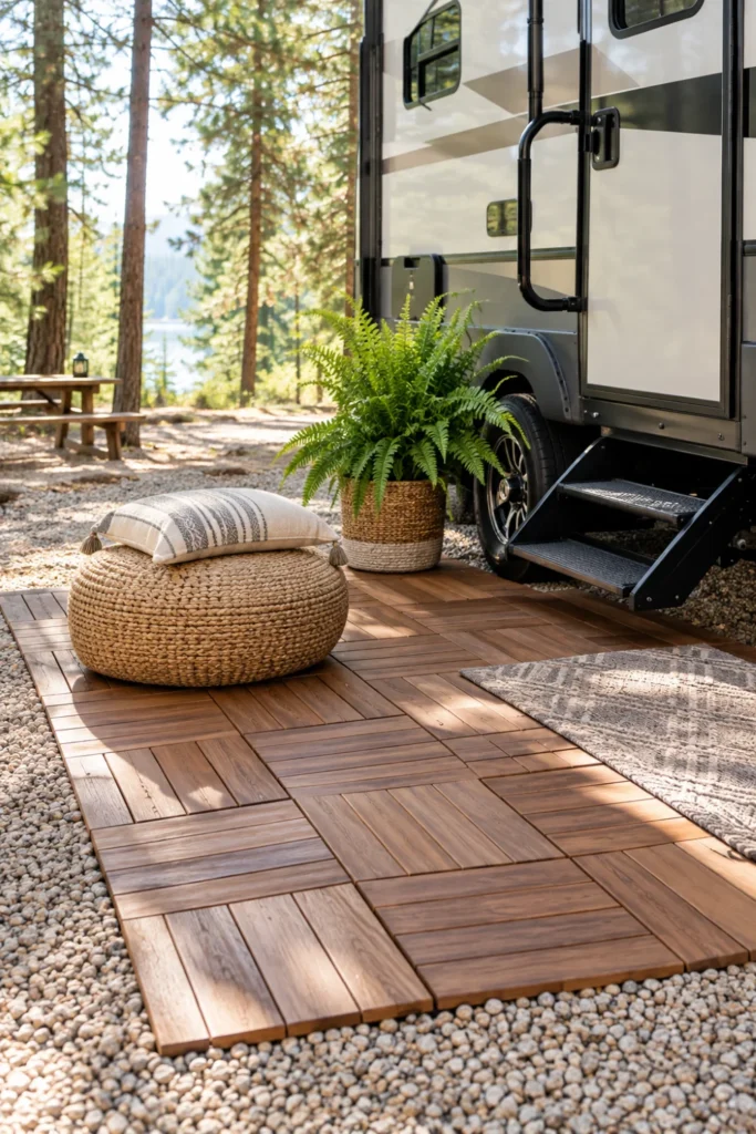 Ground-level modular composite deck tiles laid neatly outside a travel trailer entry door.
