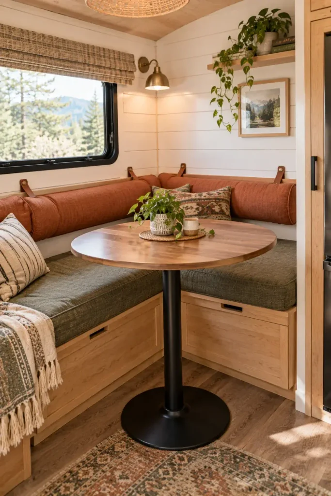 L-shaped corner dinette nook in an RV with cylindrical bolster cushions and a round pedestal table.
