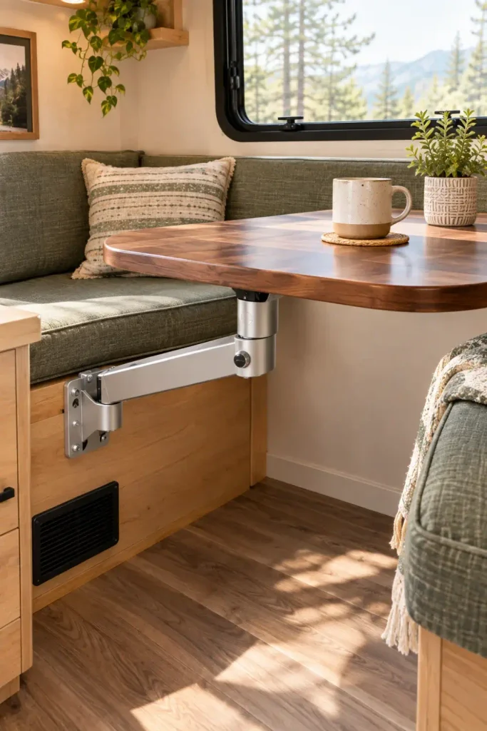 Lagun aluminum swivel table leg mounted to an RV dinette bench supporting a compact walnut tabletop.
