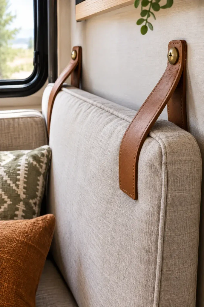 Tan leather hanging straps with brass snaps securing an RV dinette back cushion to the wall for travel.
