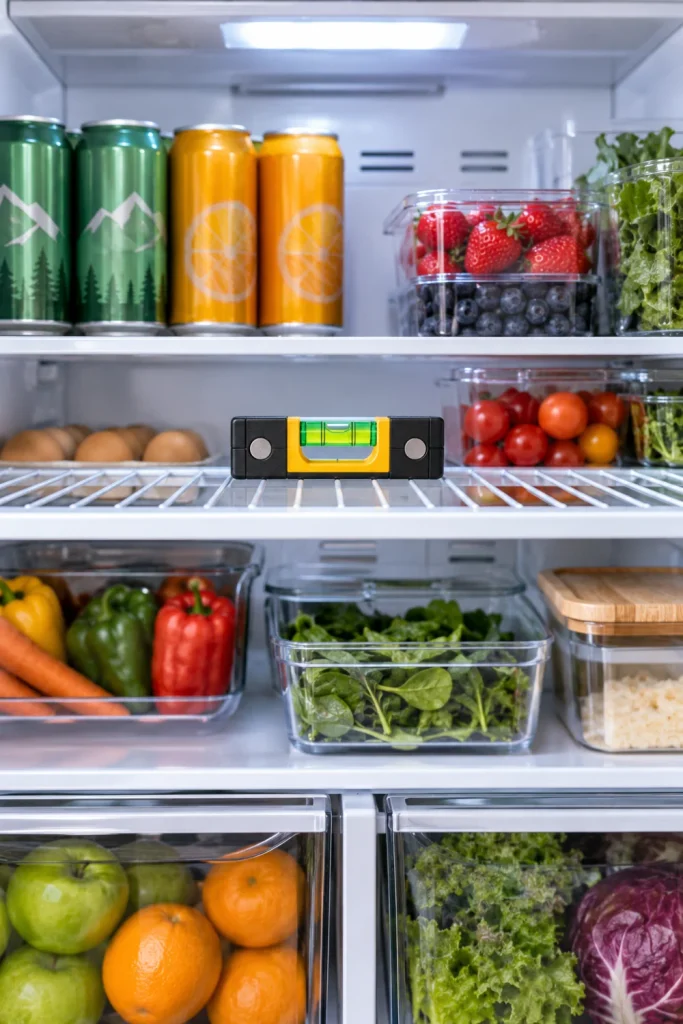 Small bubble level showing perfectly centered balance on the shelf of an open RV refrigerator.
