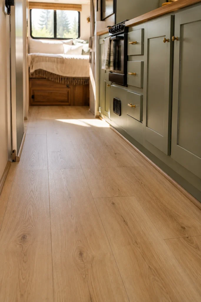 Light natural oak interlocking luxury vinyl plank flooring installed throughout a renovated camper kitchen walkway.