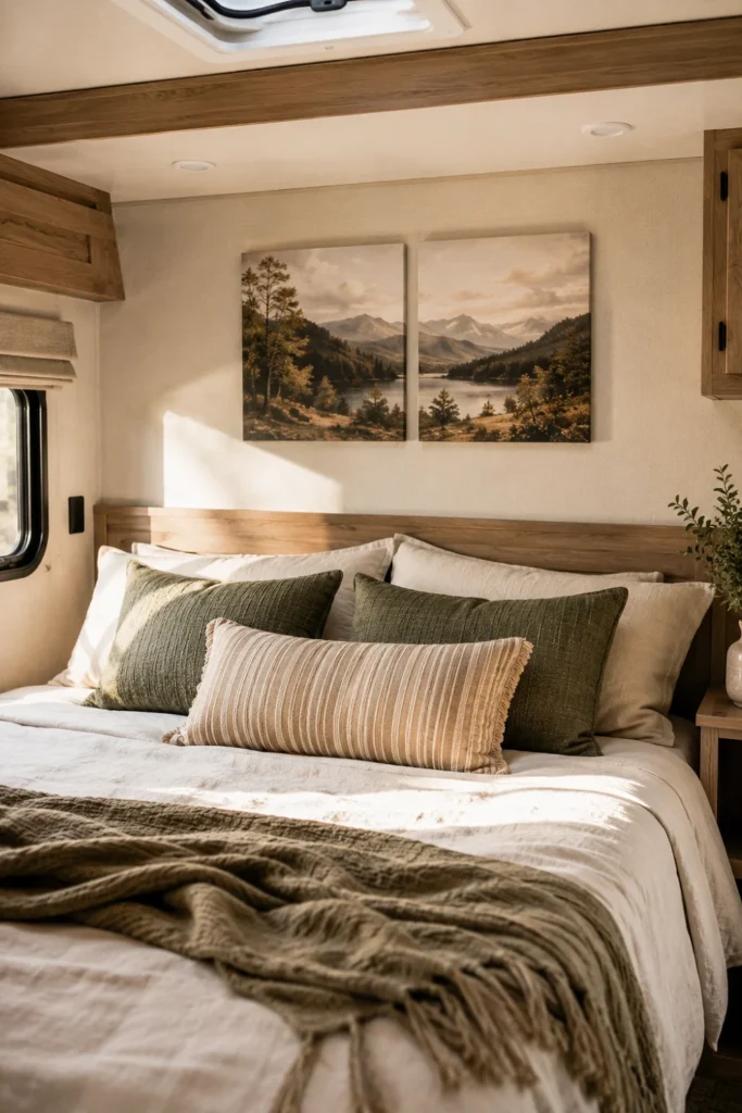 Frameless landscape canvas prints securely mounted to an RV bedroom wall using hook and loop strips.