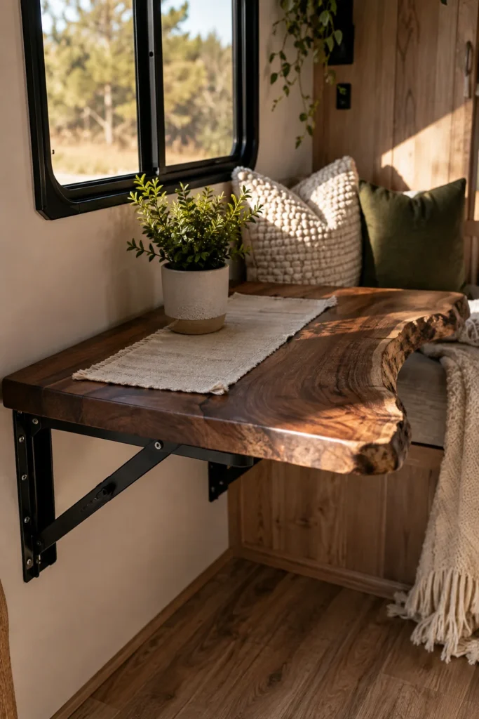 Solid live-edge walnut slab table mounted with black folding brackets on an RV wall.
