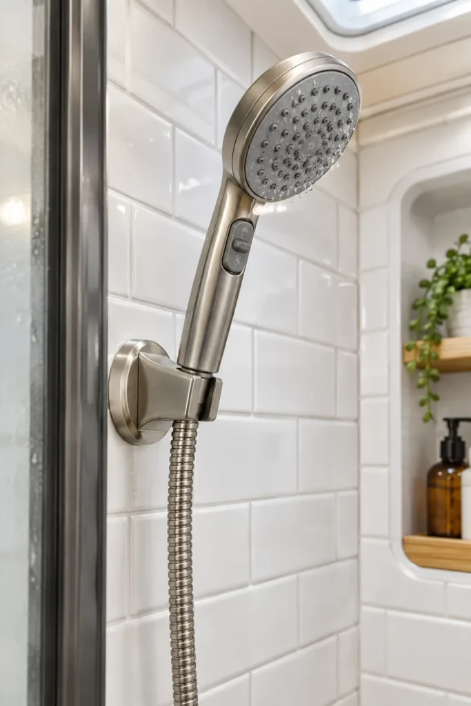 High efficiency low flow RV handheld shower head mounted in a bright camper bathroom.