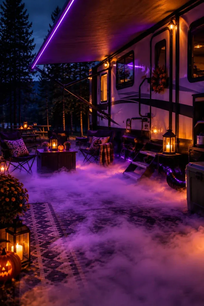 Low-lying chilled fog rolling across an outdoor patio rug beneath a decorated RV awning at night.