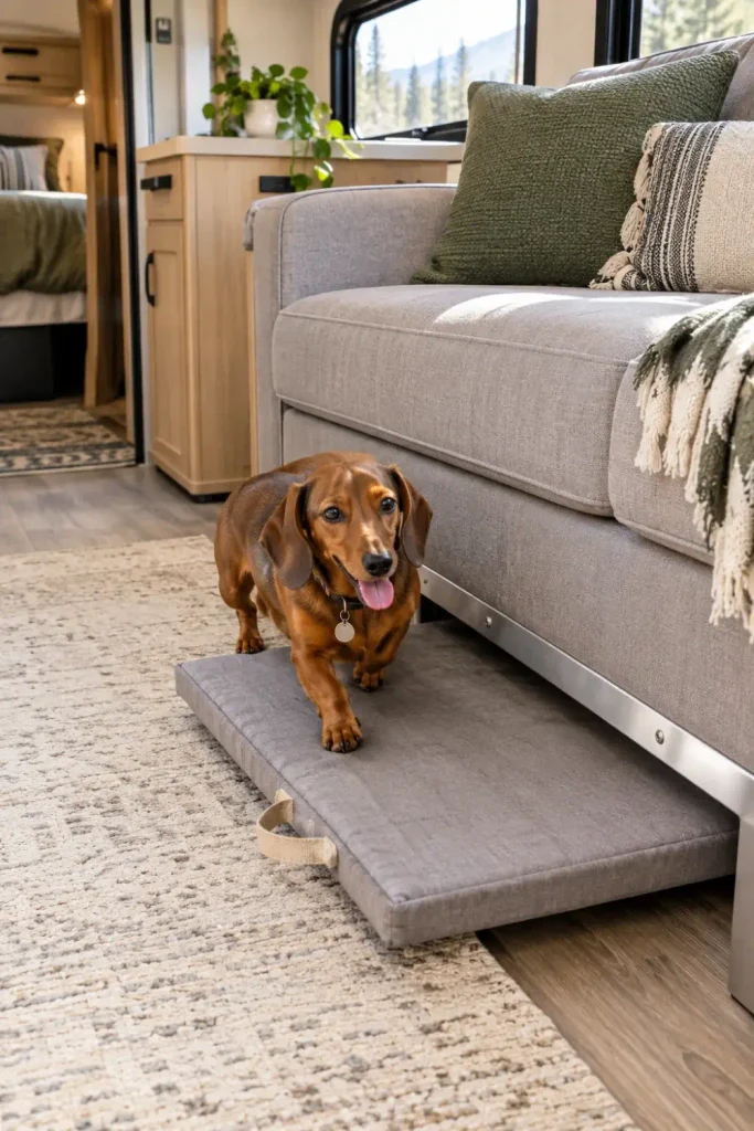 Slim memory foam pet bed with a pull handle pulled out from under a camper sofa frame.
