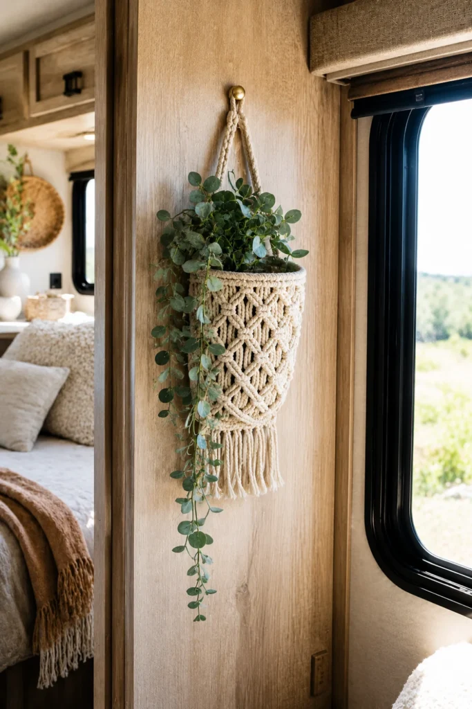 Woven macrame wall hanger holding a trailing faux green plant mounted on an RV camper interior wall.