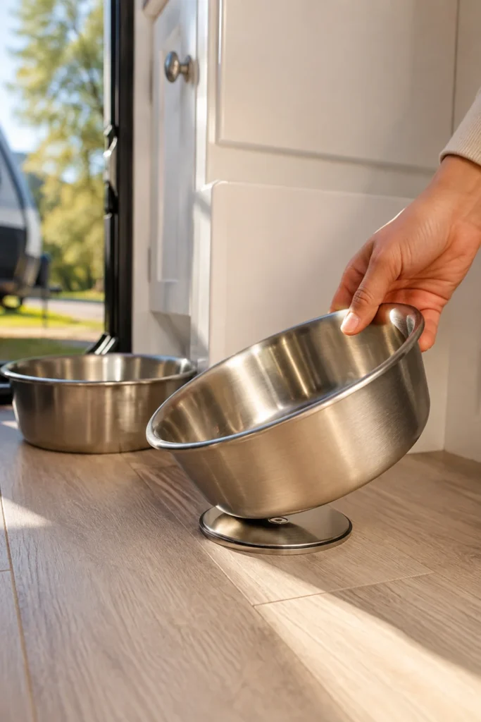 Magnetic base stainless steel pet bowl anchored securely to an RV floor to stop sliding.
