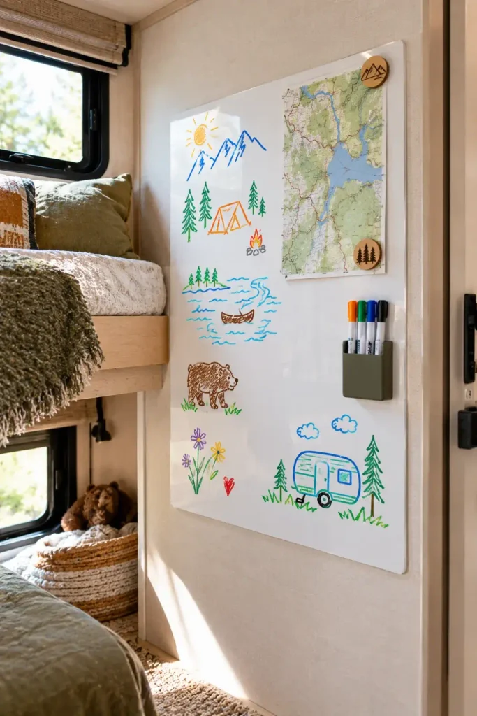 Magnetic dry-erase board with trail maps and drawings mounted on the footwall of an RV bunk.
