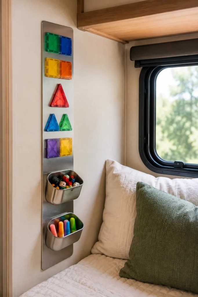 Vertical stainless steel magnetic metal strip mounted on camper wall holding magnetic game pieces and tins.