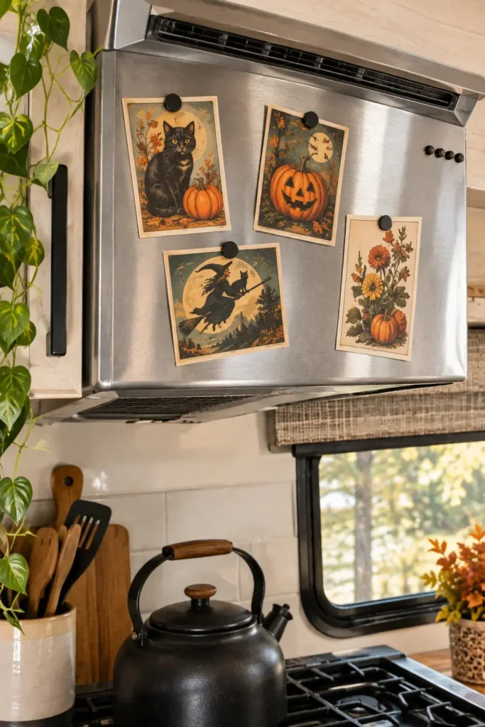 Vintage Halloween art postcards held by small round magnets on a camper stainless steel stove range hood.