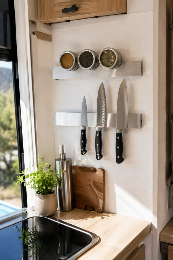 Wall mounted stainless steel magnetic knife and spice strip fixed to an RV kitchen backsplash for space saving storage.