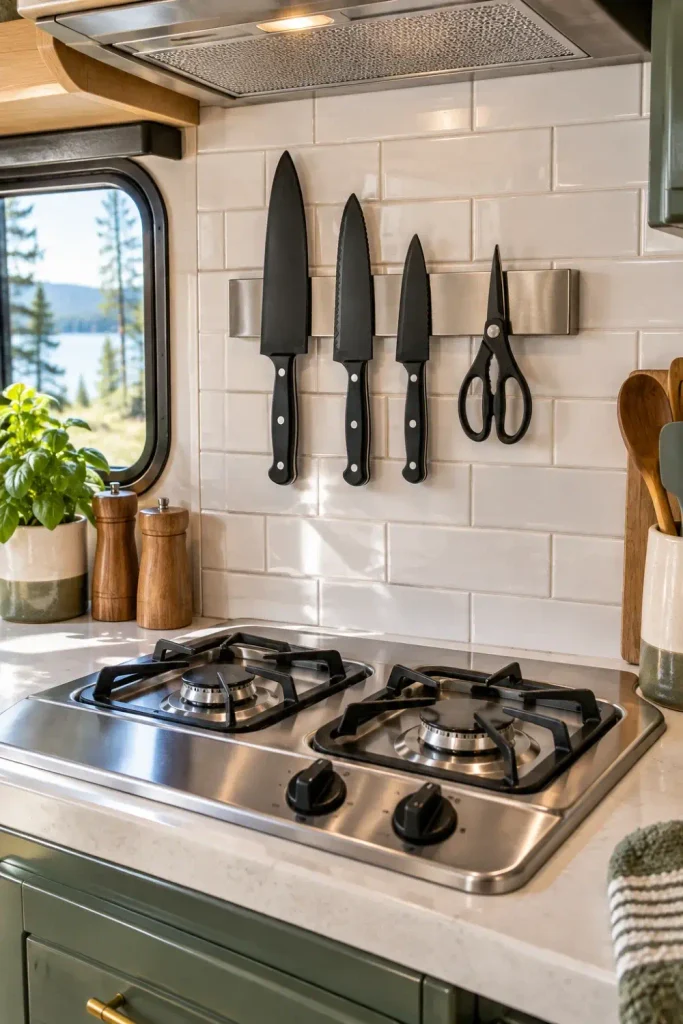 Magnetic knife bar mounted on an RV kitchen backsplash holding knives with protective blade guards