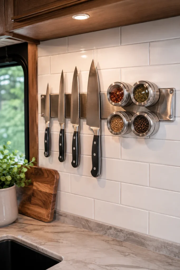 Stainless steel magnetic knife strip mounted to a camper backsplash holding kitchen knives and magnetic spice tins.