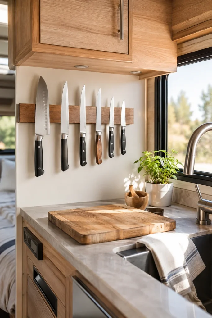 Magnetic wooden knife bar mounted under RV kitchen cabinets holding chef knives above a counter.