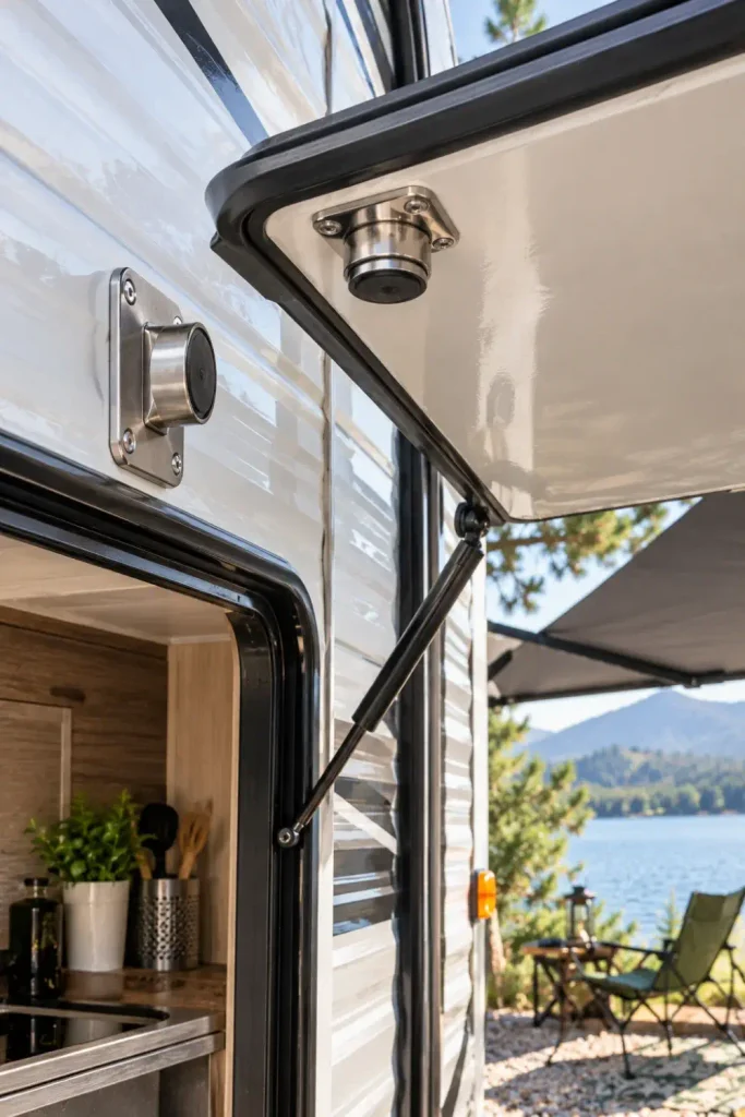 Heavy-duty magnetic door catch keeping an RV outdoor kitchen hatch door securely open in the wind.