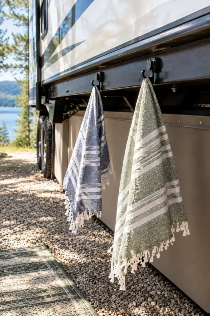 Heavy-duty magnetic hooks attached to an RV steel frame holding striped quick-dry towels in the sun.
