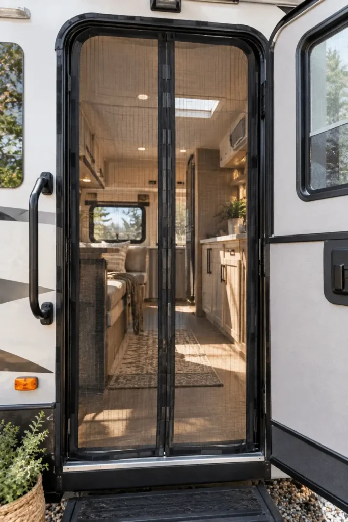 Hands-free magnetic mesh screen curtain installed on an RV entryway door.