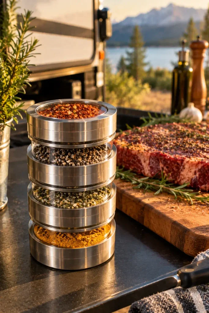 Round stainless steel seasoning tins with clear window lids displaying barbecue dry rubs at a campsite.