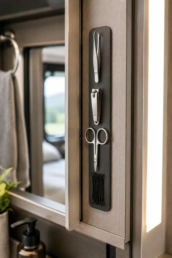 Slim magnetic strip holding metal grooming tools and tweezers inside an RV vanity frame.