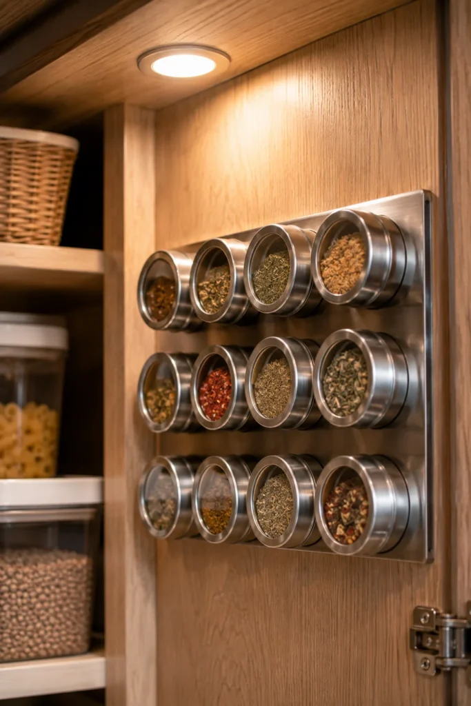 Stainless steel magnetic strip attached to an inner RV cabinet wall holding round metal spice tins.