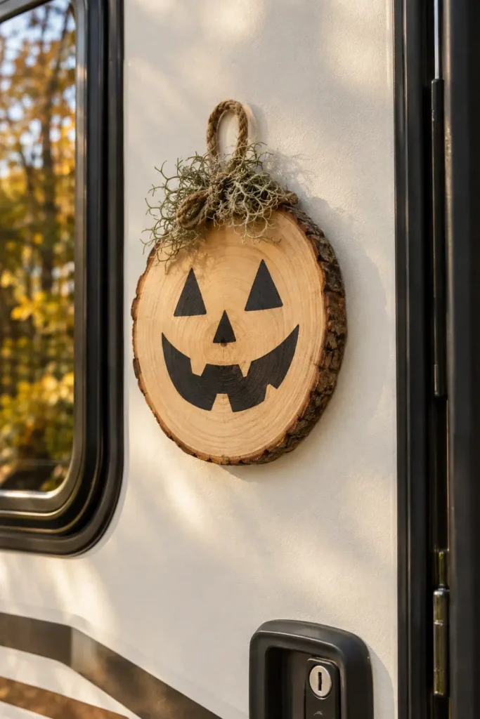 Thin birch wood slice with a painted jack-o'-lantern face mounted flat on a camper door.