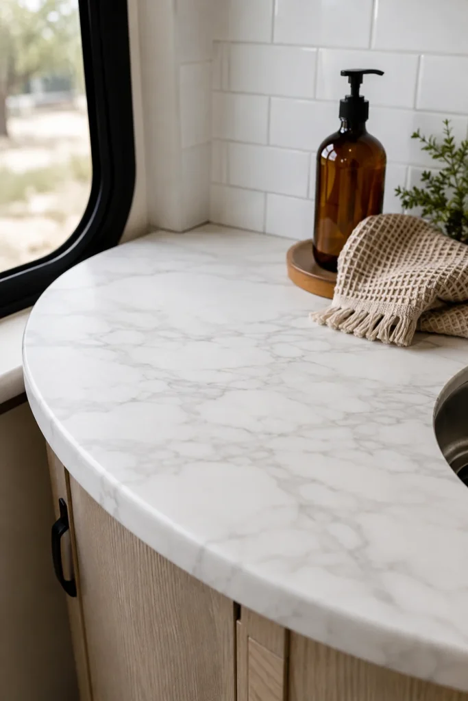 Camper countertop resurfaced with a seamless matte white marble-patterned architectural vinyl wrap.