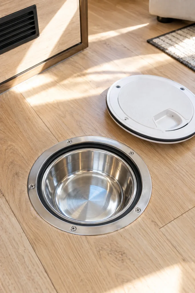 Recessed marine-grade flush floor hatch holding a sunken stainless dog bowl inside a camper.