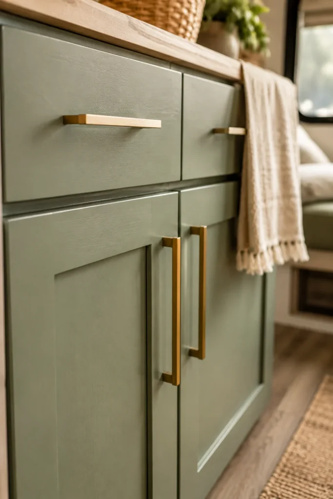 Close-up of solid matte brass handles installed on custom painted sage green RV storage cabinets.
