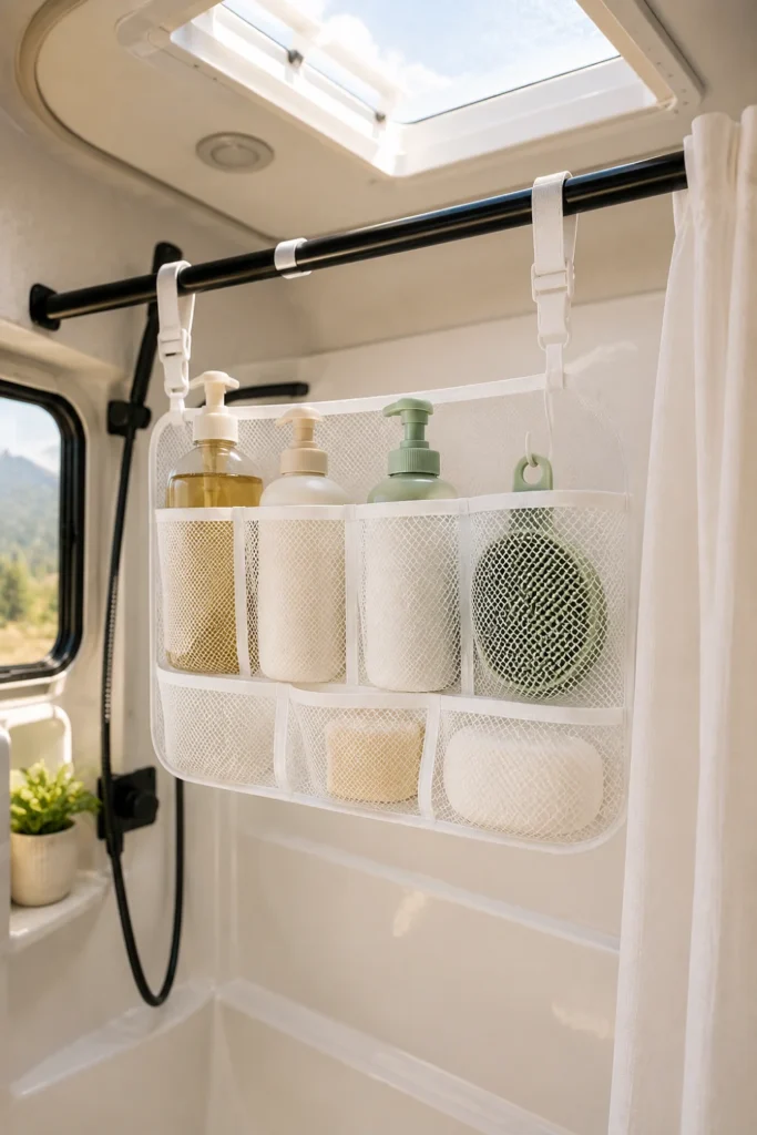 Multi-pocket mesh organizer hanging from a camper shower curtain rod holding bath products.