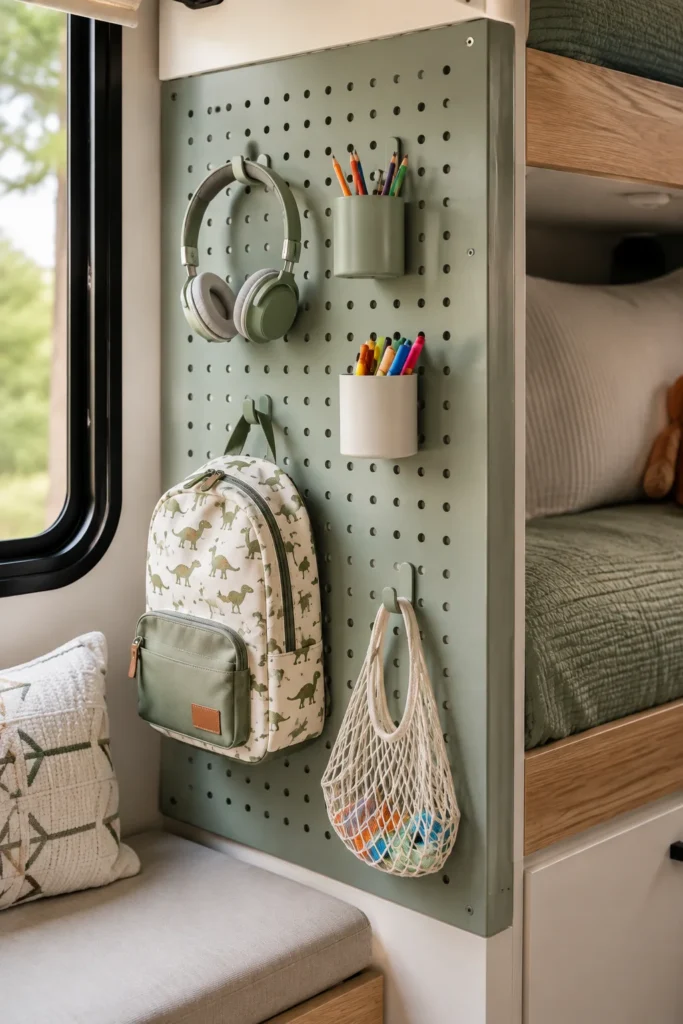 Sage green metal wall pegboard mounted in camper bunk holding kids headphones, bags, and hanging supplies.