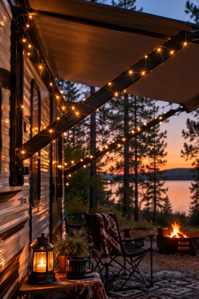 Tiny amber micro copper wire fairy lights wrapped around a camper exterior awning support arm at dusk.