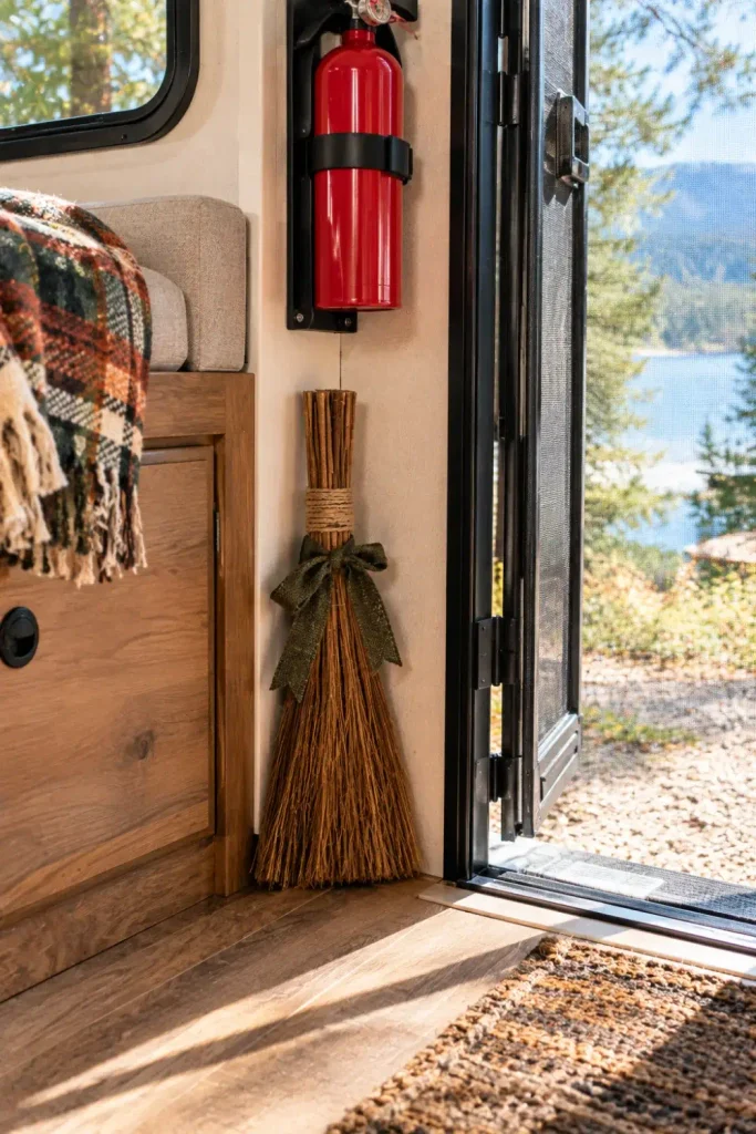 Small natural cinnamon broom tied with a dark ribbon resting neatly in the corner of a camper doorway.