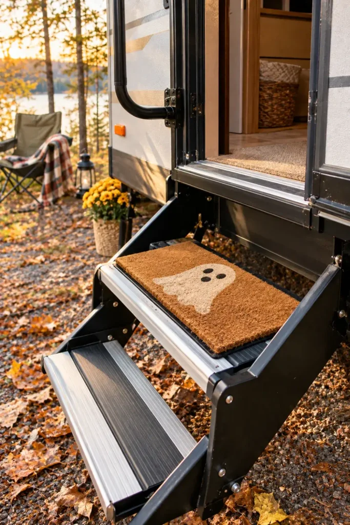 Narrow mini coir doormat with a ghost design fitted on a retractable metal camper step at a campsite.