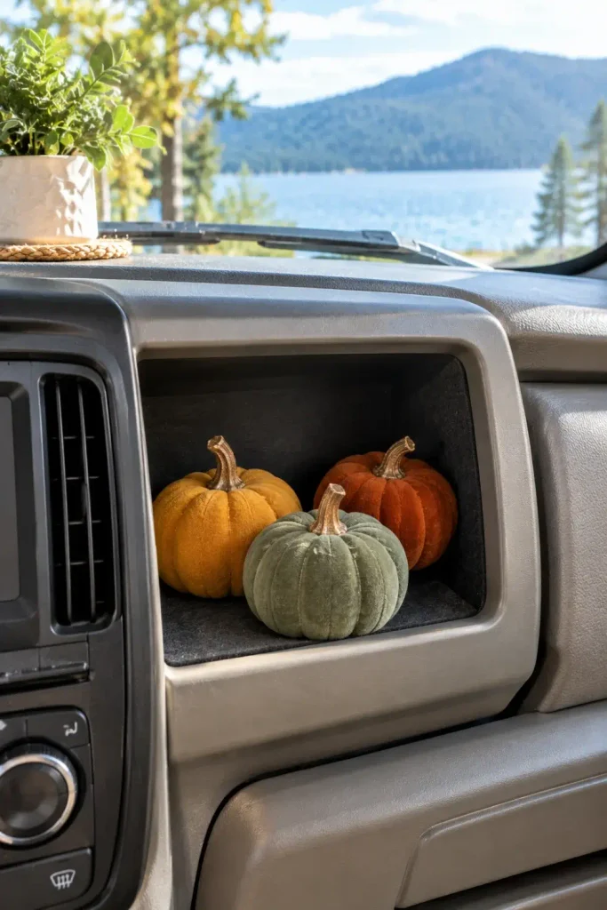 Three small velvet foam pumpkins in autumn colors tucked into a camper van dashboard storage cubby.