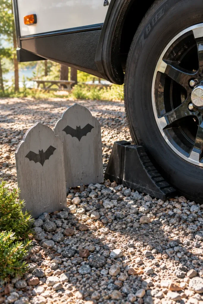 Flat painted wooden tombstones placed on the ground beside an RV tire and rubber wheel chock at a campsite.