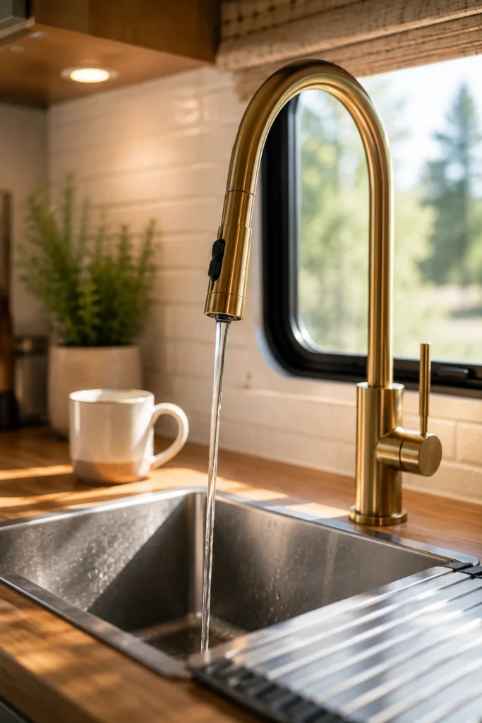 High-arc matte brass pull-down faucet installed on a stainless steel camper sink to increase pot-washing clearance.