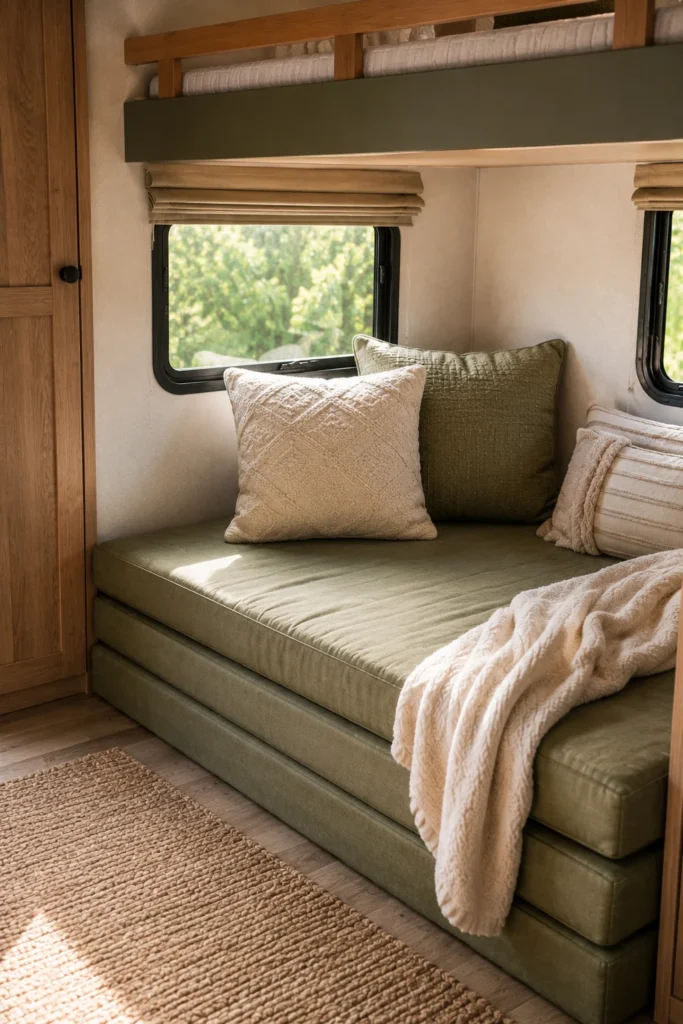 Stackable tri-fold high-density floor cushions arranged as kids lounge seating on RV bunkhouse carpet.