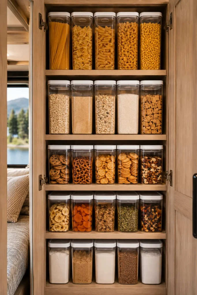Clear modular rectangular food storage containers stacked neatly inside a compact RV pantry cupboard.