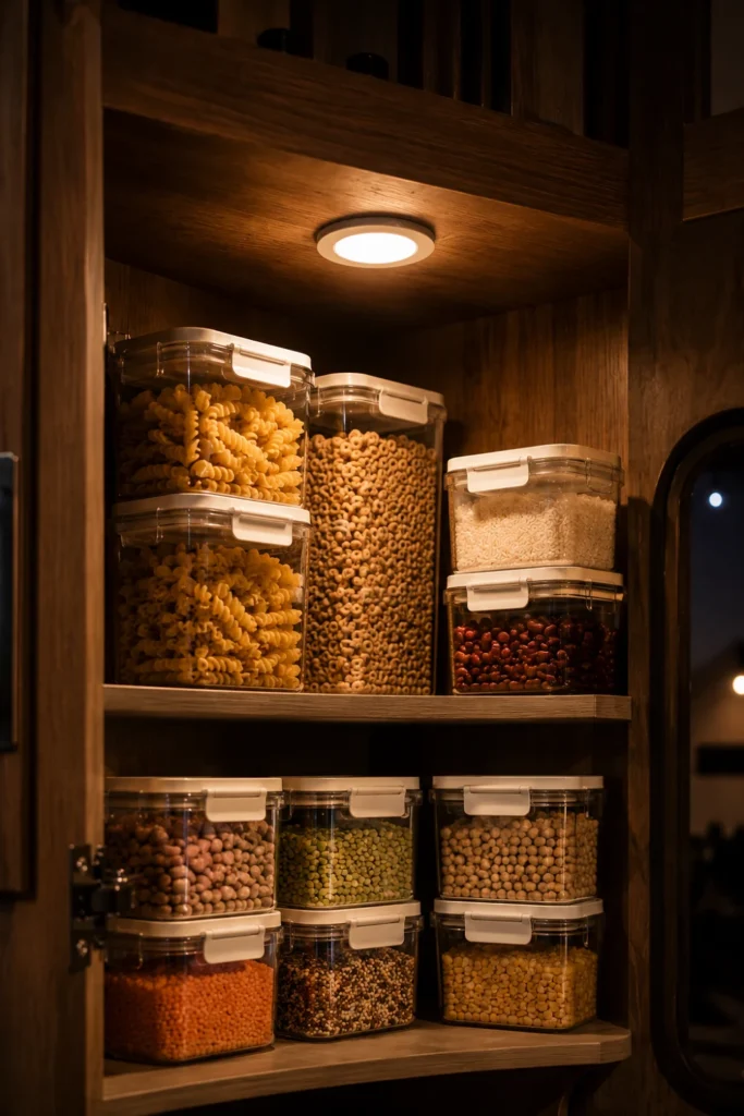Warm motion-sensor LED puck light mounted to the ceiling of a dark RV cabinet illuminating food containers.