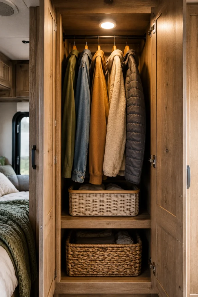 Motion-activated warm white puck light illuminating the interior of a camper wardrobe closet.