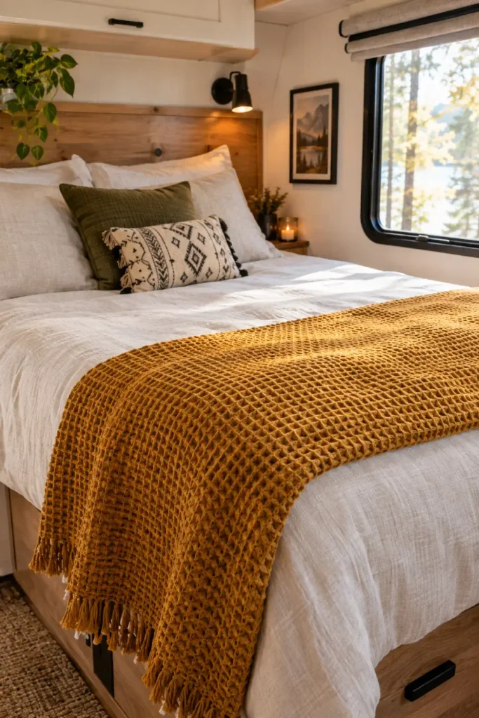 Rich golden mustard waffle throw blanket folded across the foot of a bed in a compact camper bedroom.